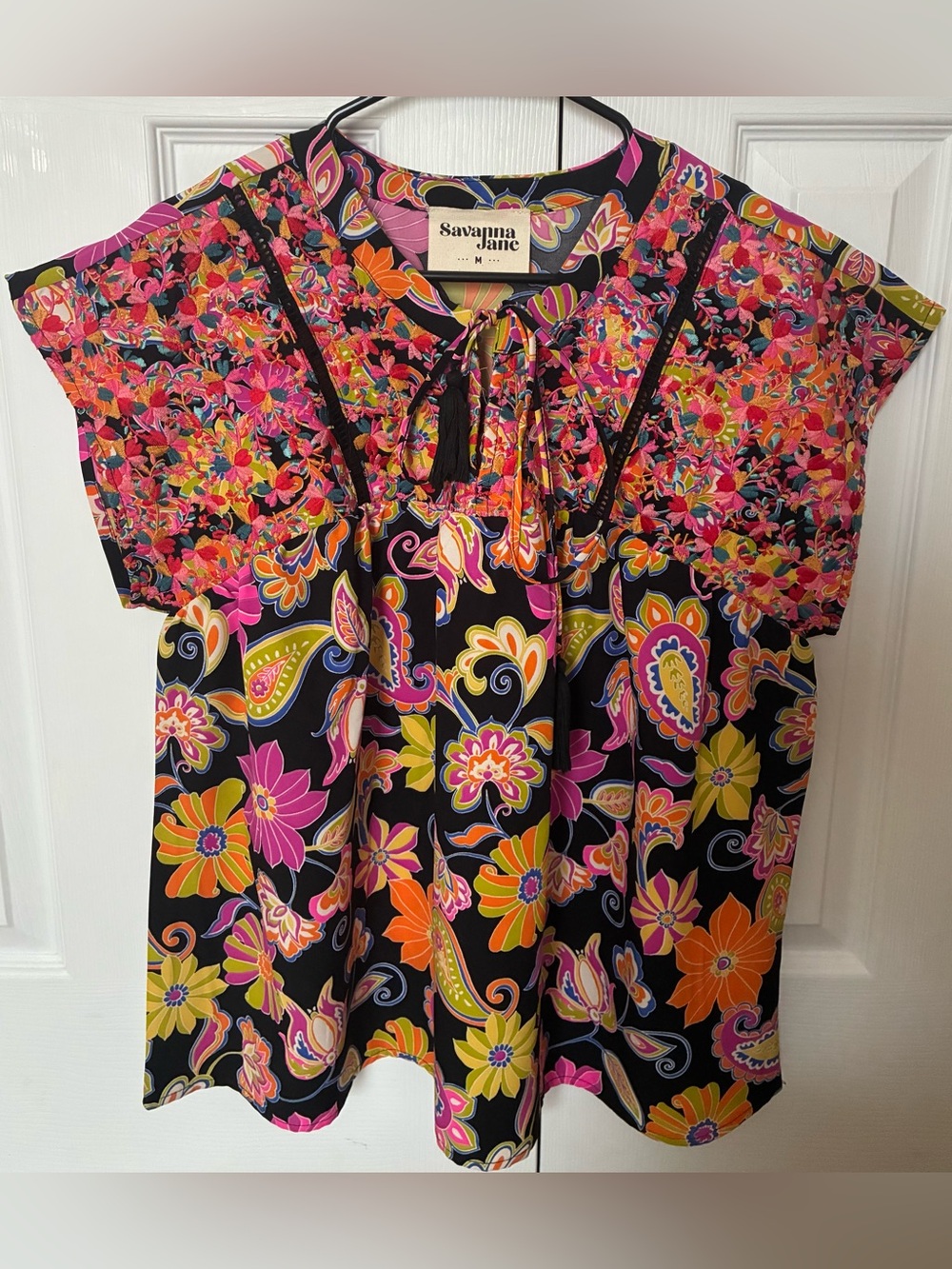 Savanna Jane Black Floral Tie-Neck Tunic Top Tassel Embroidered Flowers Bright